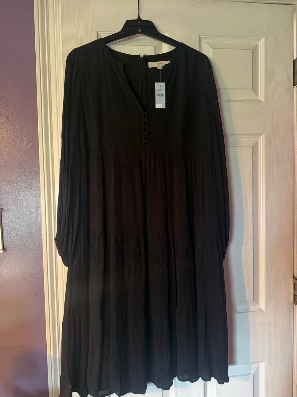 LOFT Black Long Sleeve Tiered Midi Dress with Button Placket. NWT